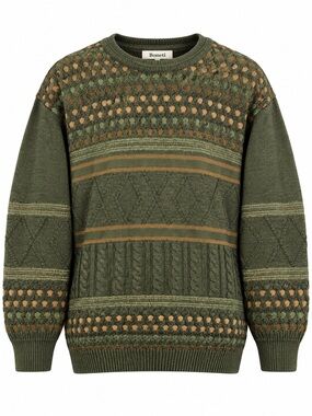 Vintage Boneti Olive Green Wool Fair Isle Cable Knit Sweater Large Grandpa Core